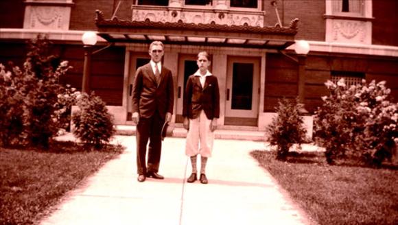 Neil E. Gordon and Neil Gordon, Jr. in front of Homer High School in Watertown, NY