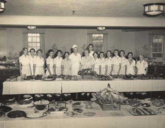 Group photograph of the waitstaff at a GRC lobster dinner, circa 1960